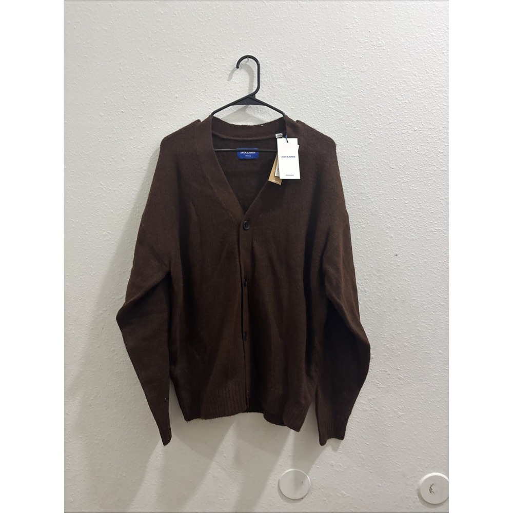 Men's Brown V-Neck Cardigan Sweater with Button Closure M